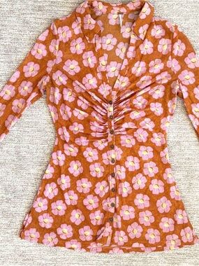 Free People Rust Orange Button-Front Floral Shirt with Pink Blooms